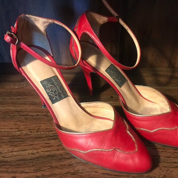 Vintage Red 3 inch Leather Pumps Heels, Gold Accents and Trim, Ankle Strap - Picture 2 of 10